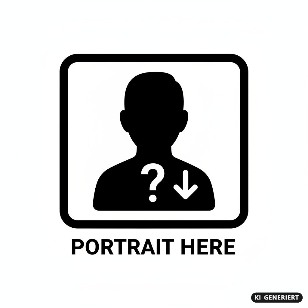 KI-generiert: Ein quadratisches Symbol mit einer menschlichen Silhouette, einem Fragezeichen und einem Pfeil nach unten sowie dem Text „PORTRAIT HERE“.